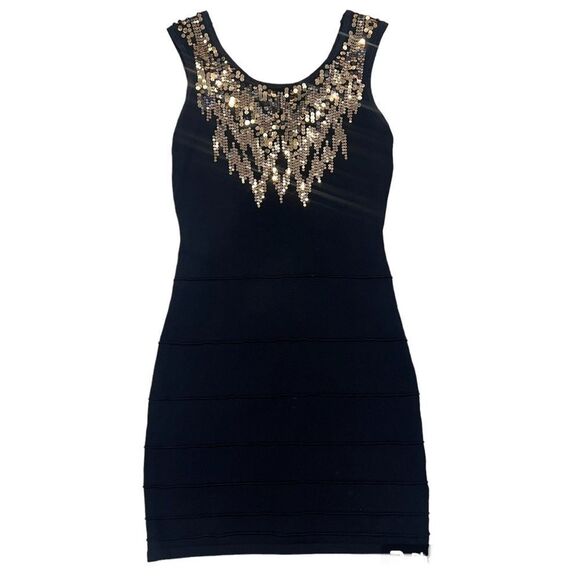 Y2K 2b Bebe Black Metallic Gold Sequin Bandage Sleeveless Cutout Back Slip - Picture 2 of 14